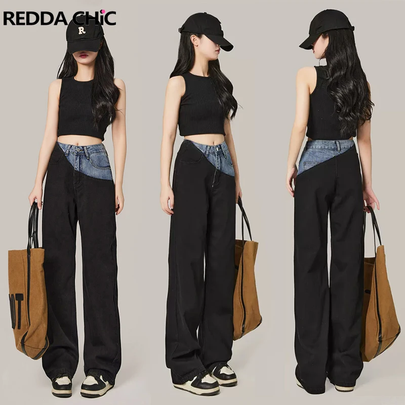 REDDACHiC Patchwork Grunge Y2k Jeans Baggy High Rise Contrasting Casual Wide Pants for Women Hiphop Streetwear Panelled Trousers