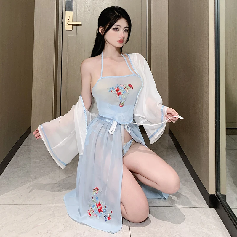 Sexy Chinese Traditional Style Skirt Lingerie Set Embroidery See-through Robe Hanfu Nightdress Cosplay Women Fairy Sleepwear New