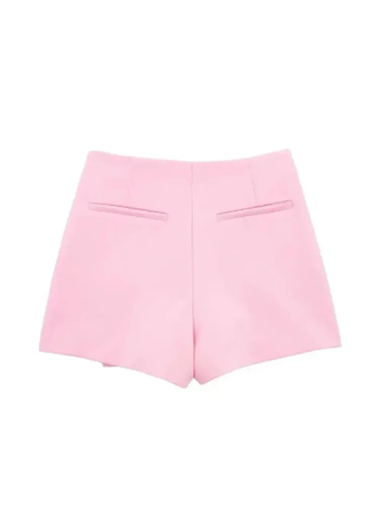 LAZVM Women Fashion Asymmetric Pareo Style Self Overlay Shorts Skirts Vintage High Waist Side Zipper Female Skort Mujer