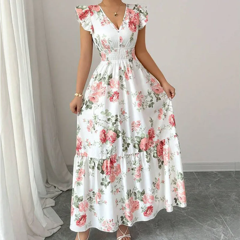 Elegante Boho Abito lungo da donna Sexy senza maniche con scollo a V Stampa floreale Orlo Gonna da spiaggia Vestito estivo Abiti da sera maxi Abiti