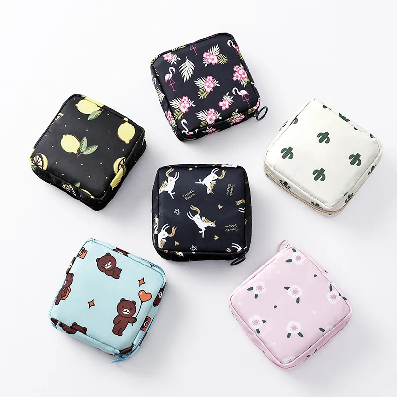 Korean Ins Cartoon Girl Portable Cosmetic Small Square Bag Outdoor Sanitary Napkin Pad Lipstick Coin Storage Bag Mini Makeup Bag