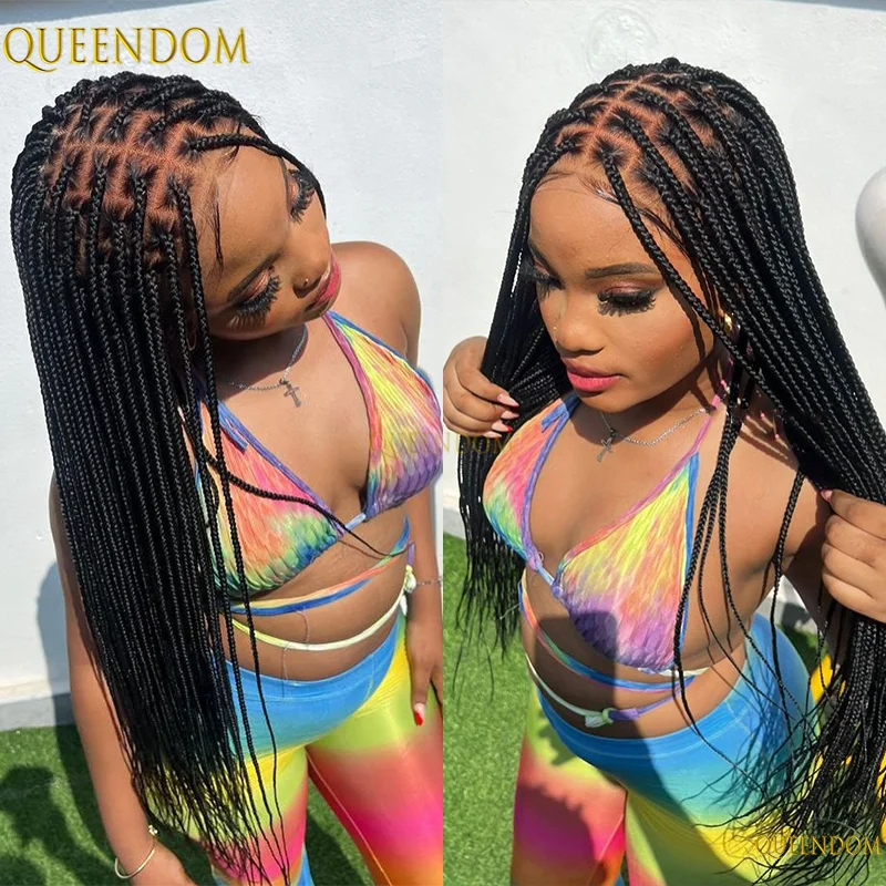 36 "الاصطناعية كامل الدانتيل الجبهة الباروكات مع شعر الطفل Knotless صندوق Cornrows شعر مستعار مضفر للنساء السود الضفائر شعر مستعار أفريقي