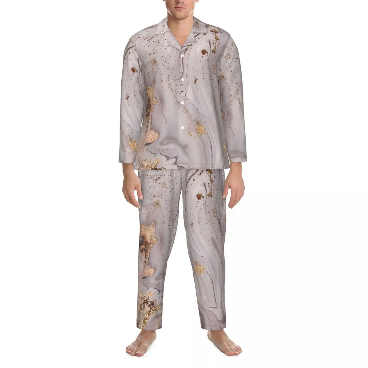 Pijamas masculinos roxo ouro brilho mármore casa pijamas duas peças conjunto de pijama vintage manga longa na moda oversized casa terno