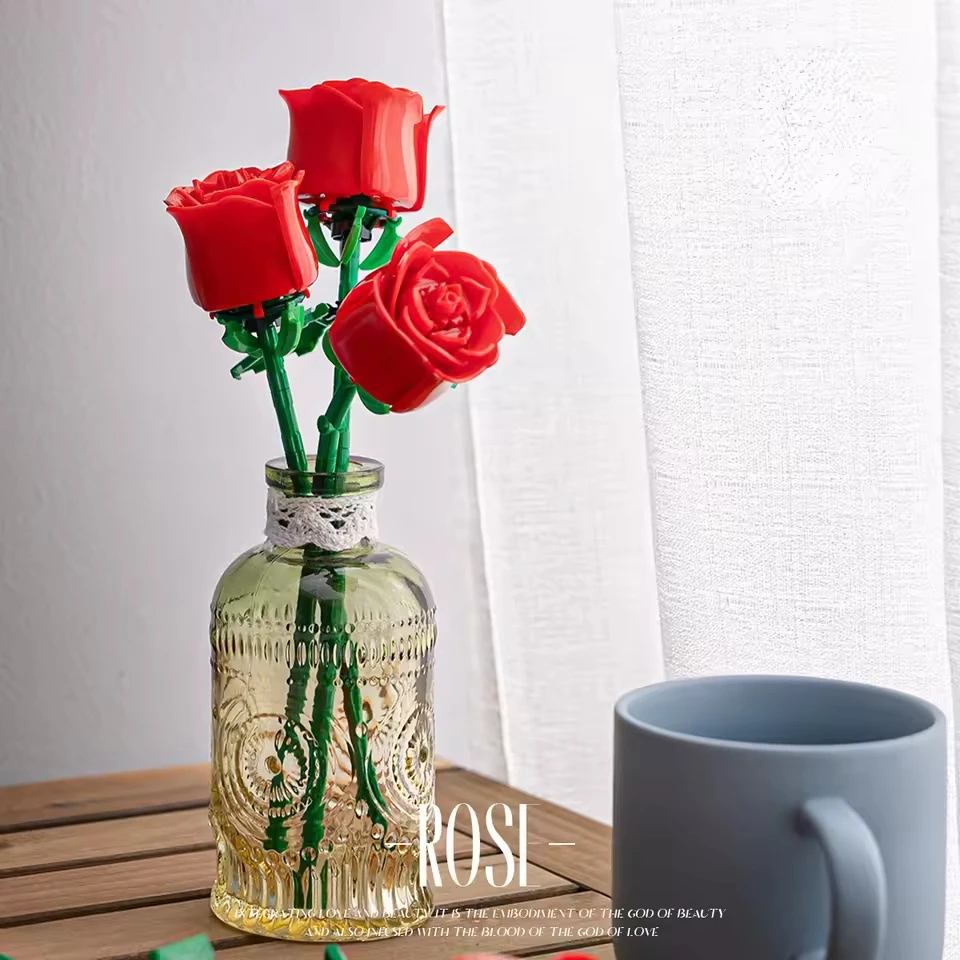 Romantic Rose Flower Bouquet Building Block Eternal Model Assembly Plastic Plant Brick Home Decor Mother\'s Day Birthday Gift