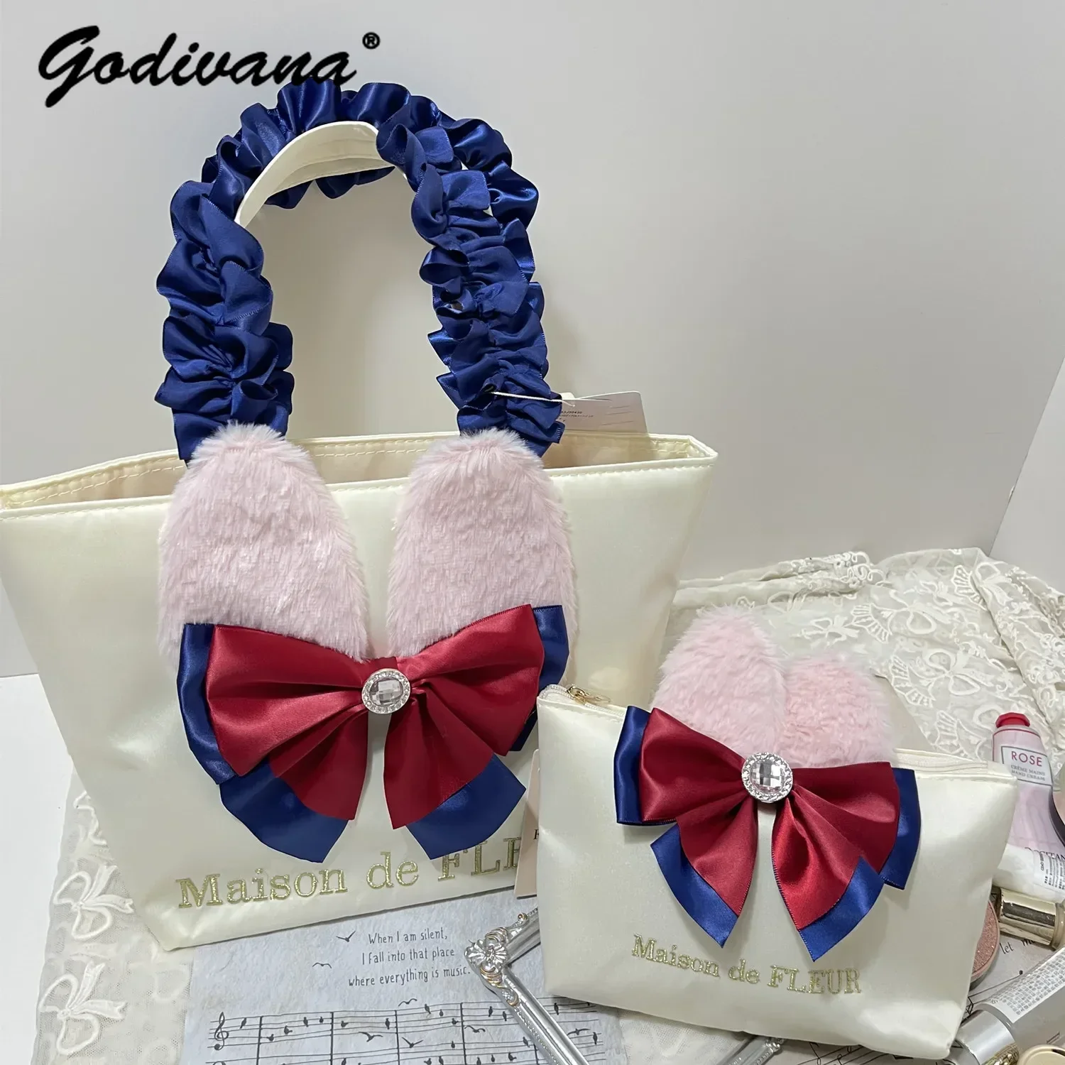 Japanese Hand Hold Makeup Cosmetic Bag Cute Girls Rhinestone Bowknot Pleated Women\'s Portable Fashion Tote Bags