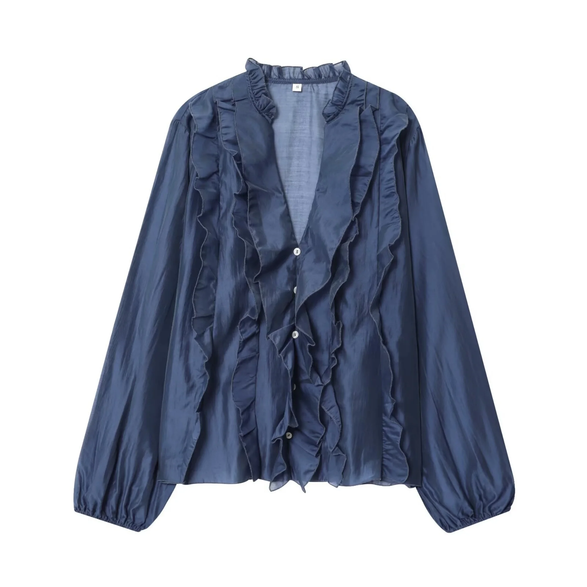 المرأة الفرنسية الطبقات قميص أعلى الإناث ربيع الخريف طويلة الأكمام الخامس الرقبة واحدة الصدر مثير قميص عارضة أزياء سيدة بلوزة