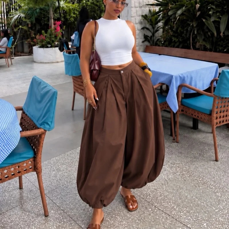 Elegant 2026 Autumn Women Long Pants Solid Color High Waist Loose Lantern Pants Trousers