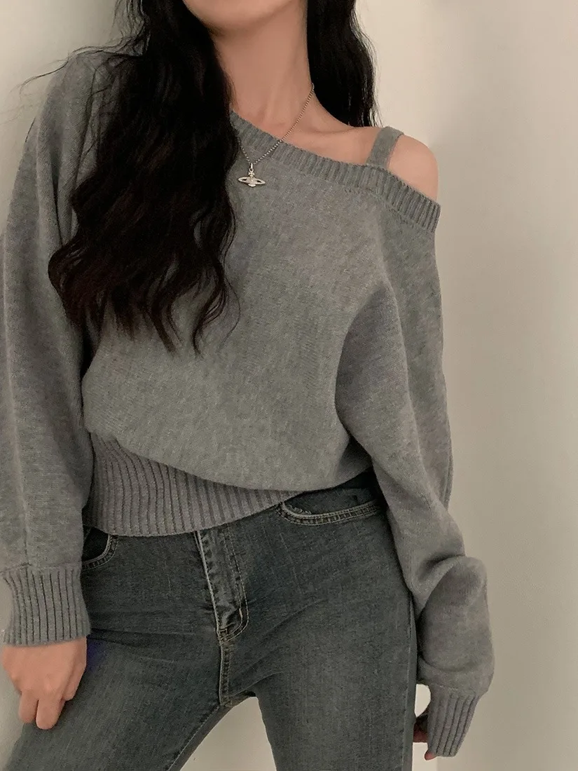 Suéter Retro de Punto con Hombros Descubiertos para Mujer, Moda Casual, Manga Murciélago Corta, Prenda Exterior Hoada de Ma...