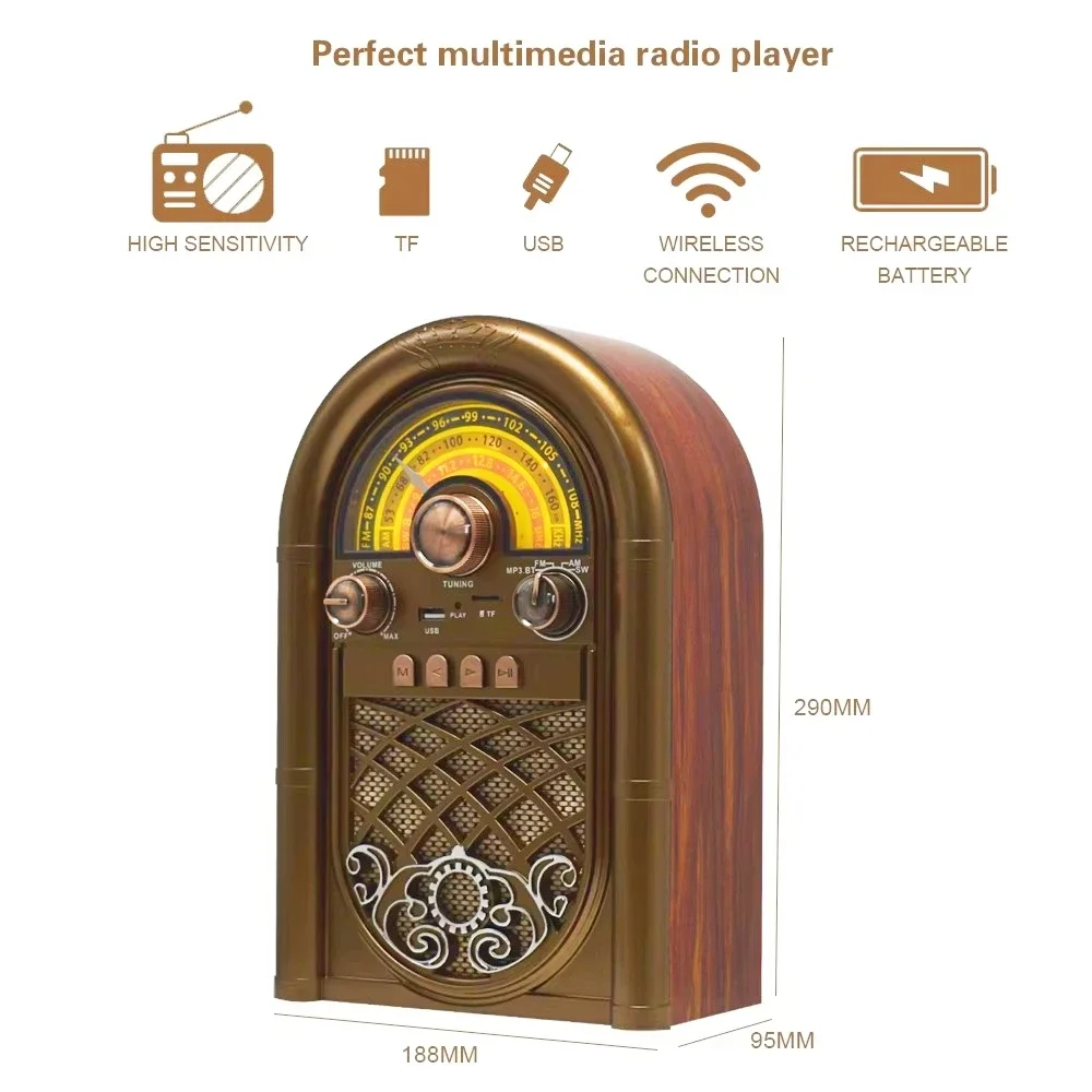 R-1950BT Retro Portable Rechargeable FM/AM/SW Full Band Radio Built-in Speaker Mp3 Music Bluetooth Player With USB TF Card Slot