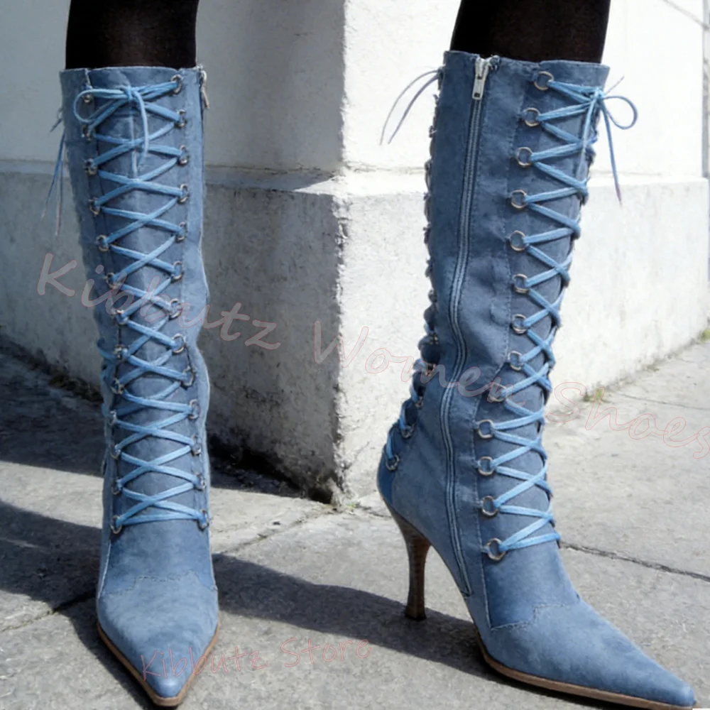 Knee High Boots Pointed Toe Side Zipper Knit Texture Lace Up Slouchy Boots Stylish Womens Boots Casual Party Leather Elegant New
