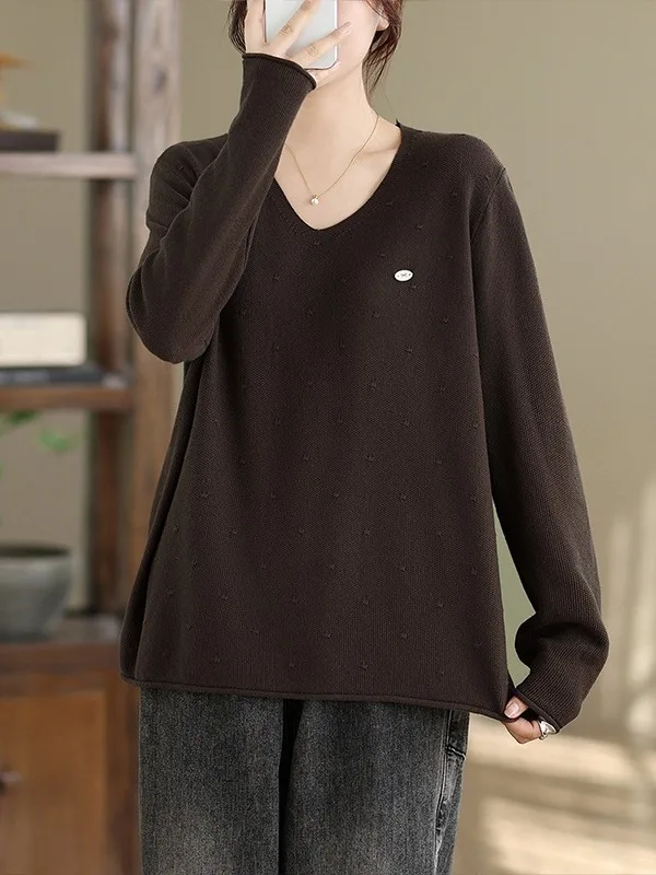 الخريف بسيط كبير الحجم المرأة فضفاض V-Ne محبوك سترة لون نقي التطريز Thiened قاعدة طبقة ملابس خارجية التخسيس #1