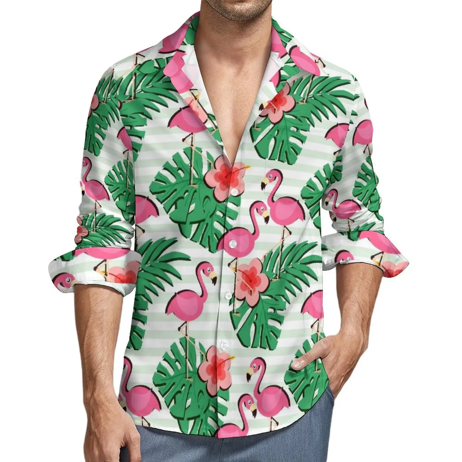 

Pink Flamingo Casual Shirts Tropical Leaves Print Trendy Shirt Autumn Harajuku Oversized Blouse Men Long Sleeve Tops Present