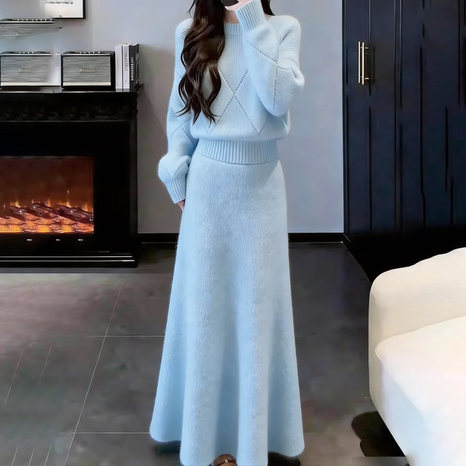 Women Knit 2 Piece Outfit Set Neck Diamond Textured Sweater High Waist A Line Maxi Skirt Soft Fuzzy Warm Winter Matching Suit