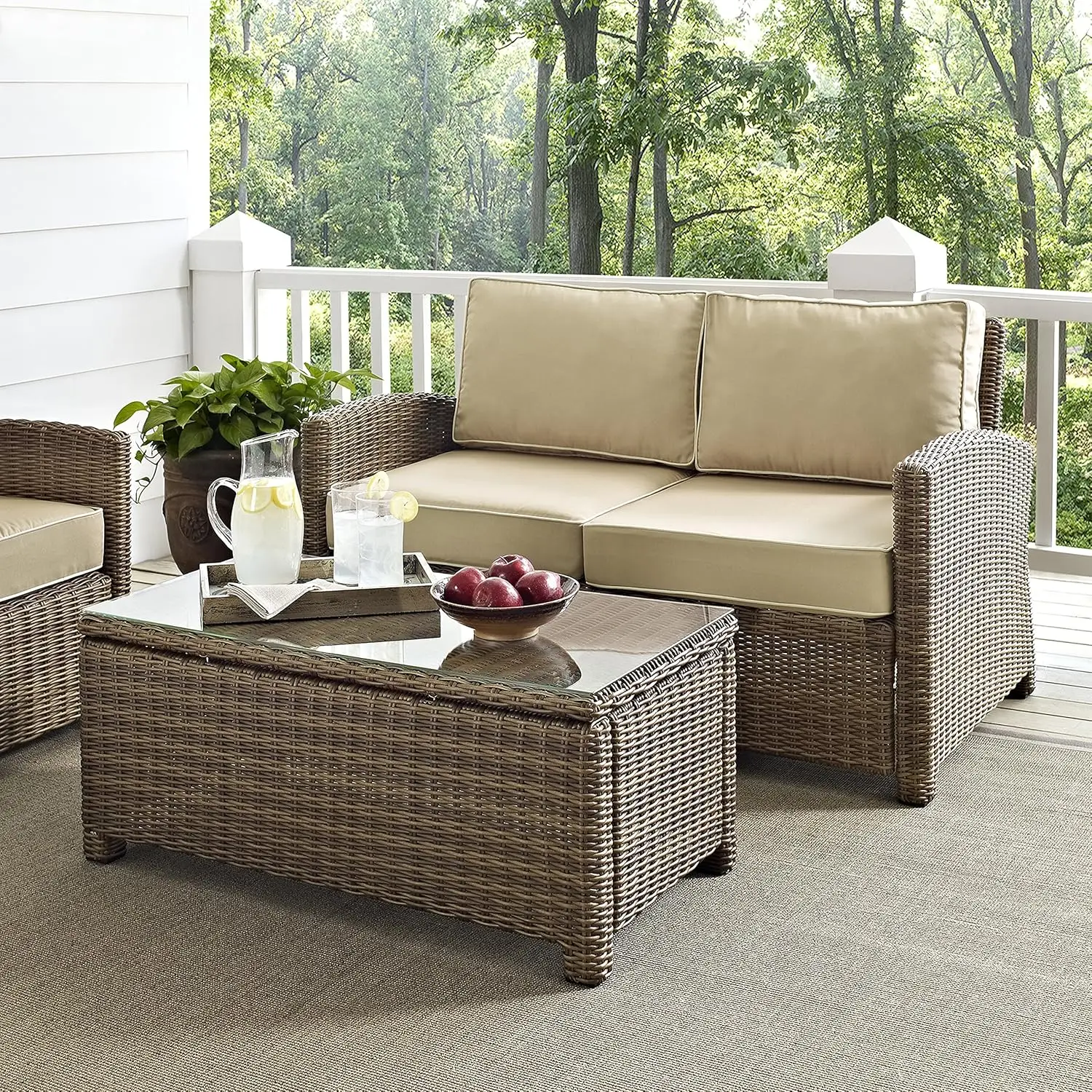 Crosley Furniture Bradenton 2-Piece Wicker Outdoor Coffee Table and Loveseat Patio Furniture Set for Porch, Brown with Sand Cush