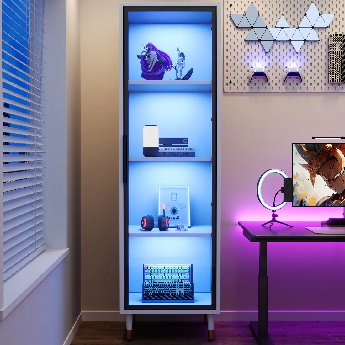 Vitrina de Vidrio LED Blanca Independiente con Vidrio Tintado, Iluminación de Color Cambiante, Puerta Ajustable, Versátil Vitrina Librería Aparador para Sala de Estar Oficina en Casa