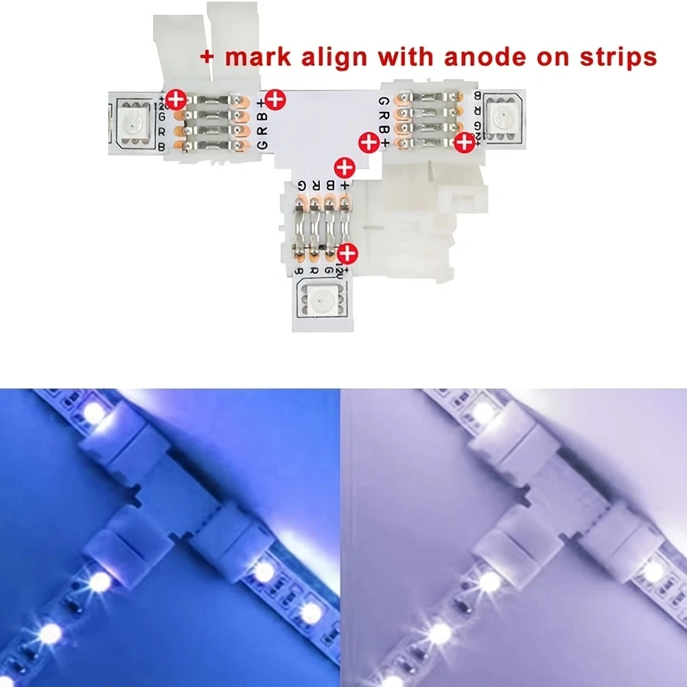 95Pcs LED Strip Connector for 5050 10mm 4Pin L Shape T Shape Solderless Gapless Adapter, 2 Way Splitter