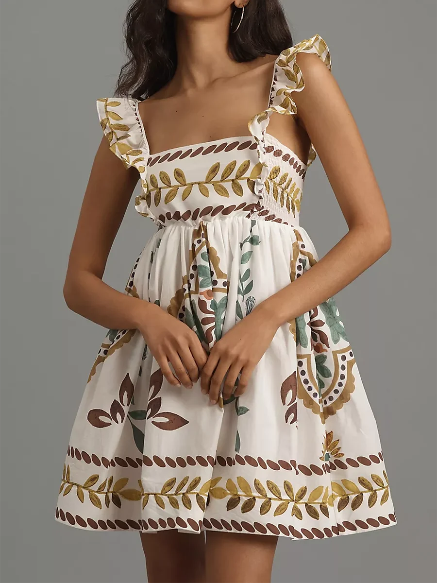 

Women'S Mini A-Line Dress With Ruffled Edges Flying Sleeves Sleeveless Square Neck, Short Floral Dress Bohemian Evening Dress