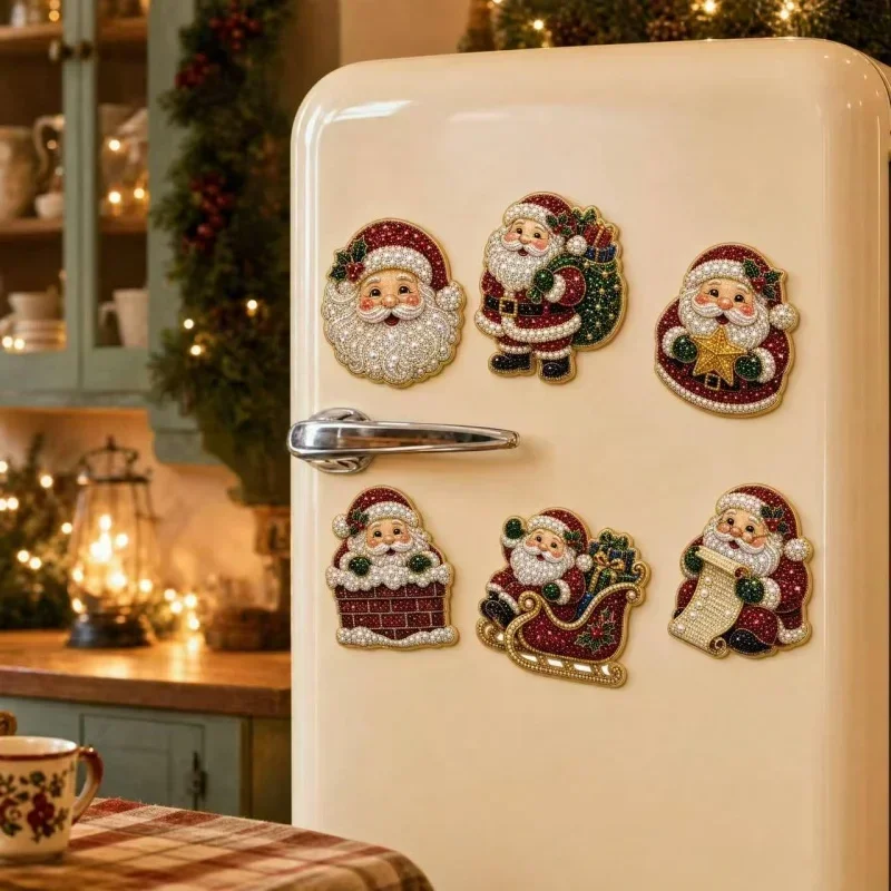6 Sets of DIY Diamond Art Painting Kits, Acrylic Material Christmas Snowman Pattern with Magnet Decoration Fridge Magnets