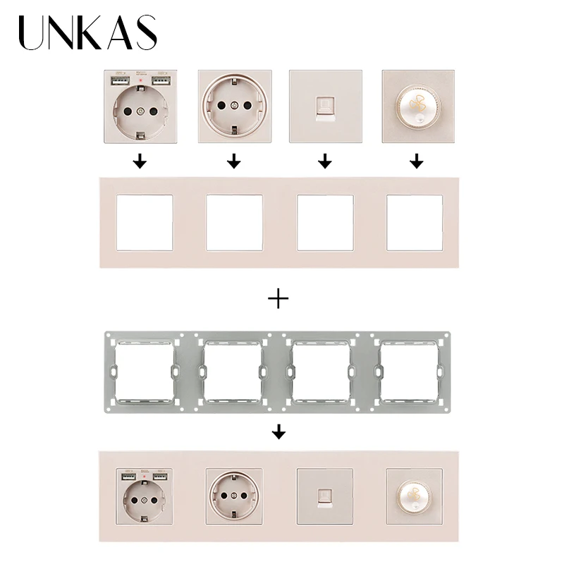 UNKAS interruptor de pared de Panel de plástico dorado, enchufe francés tipo C, Cargador USB, módulos de luz de pie de satélite de la UE, PC DIY