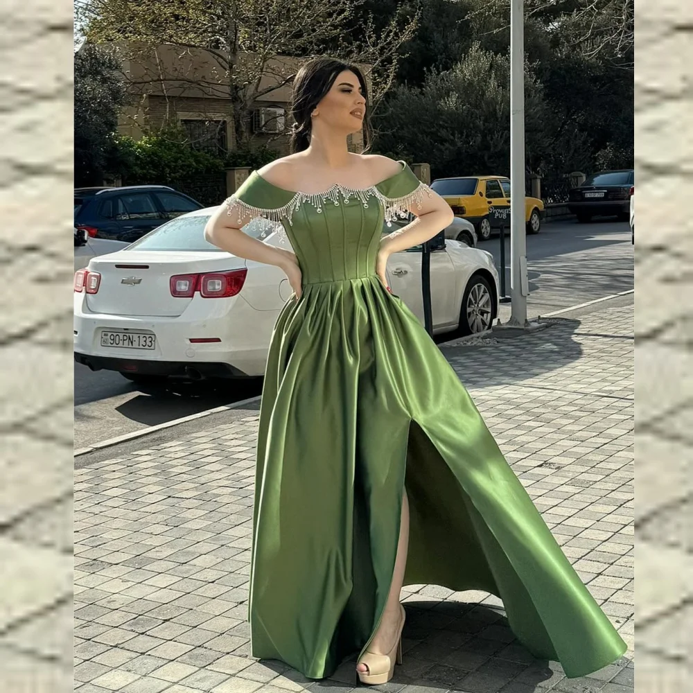 

Evening Satin Sequined Beading Ruched Birthday A-line Off-the-shoulder Bespoke Occasion Gown Long Dresses