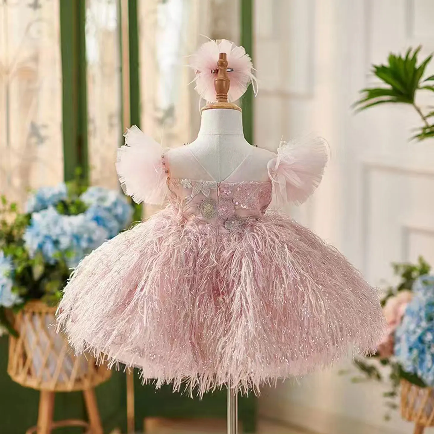 Jill Wish Elegant Pink Flower Girl Dresses with Hairband Feathers for Baby Kids Wedding Birthday Communion Party Pageant  J082