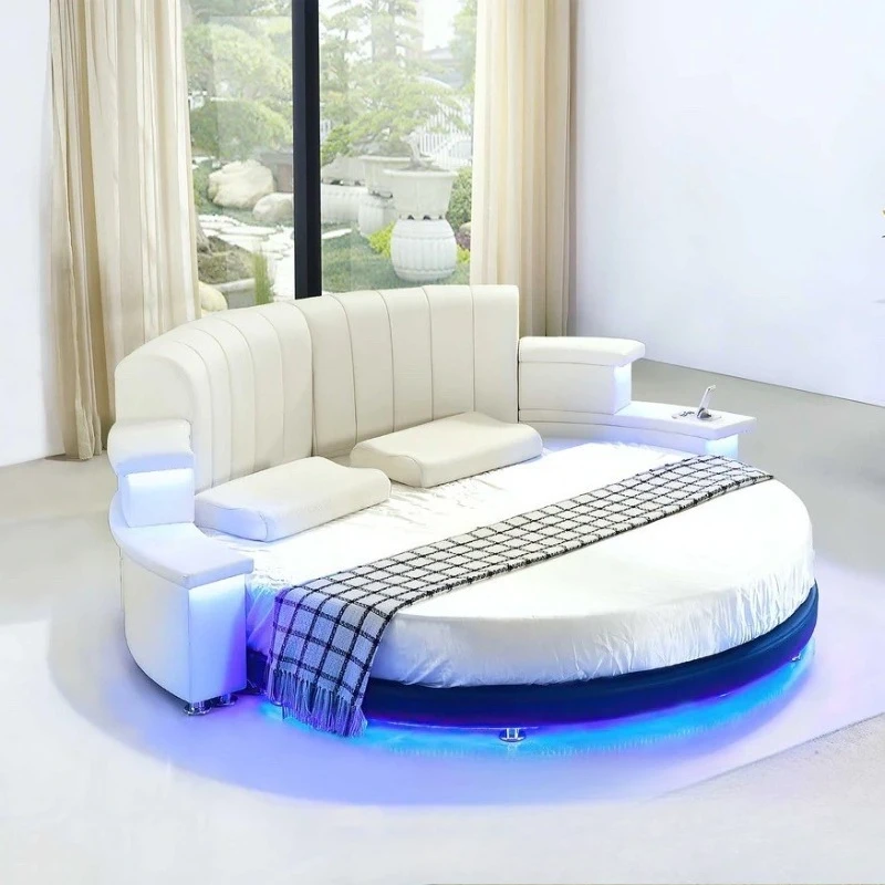 Ins wind bedroom furniture round leather bed LED light hotel round bed audio double bed, fashion music bed