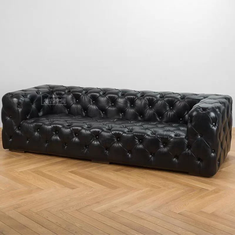 Retro industrial style button-pull sofa, classic American living room sofa, vintage villa cigar bar, three-seater sofa in oiled