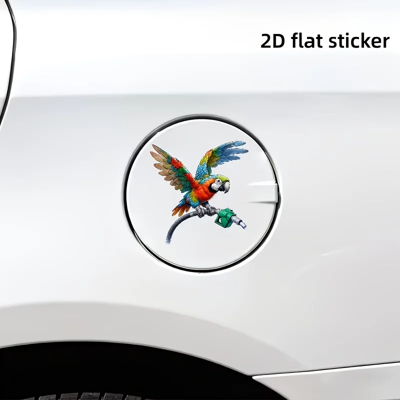 2D Flat Colorful Parrot Sticker, Parrot Perched on Green Fuel Nozzle Design, Waterproof Vinyl Car Fuel Tank Cap Decal, Auto
