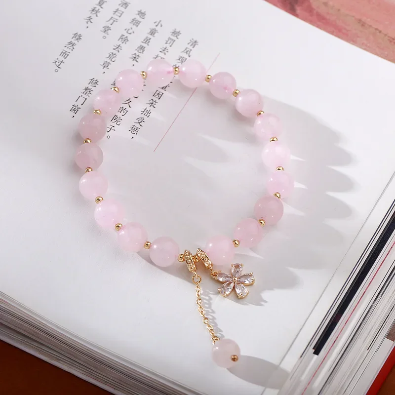 

AngLang 8mm Pink Natural Rose Quartz Beaded Strand Bracelets for Women Female Zirconia Flower Fine Jewelry Wholesale YBR836