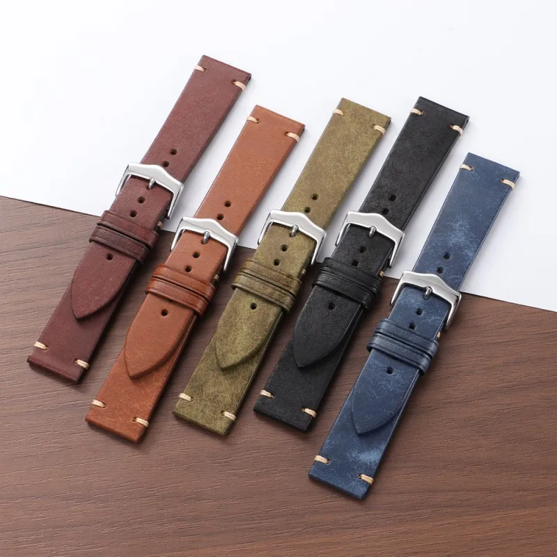 20 mm 22 mm hochwertiges Retro-Uhrenarmband aus handgenähtem Rindsleder als Ersatz für universelles wasserdichtes Uhrenarmband-Zubehör
