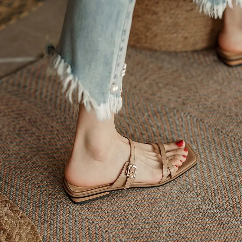 2024 Women S Sandals PU Leather Open Toe Ladies Beach Shoes Summer Sexy Buckle Strap Flip Women\'s