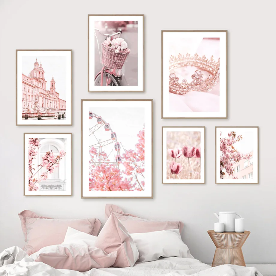 1pc (No frame), Pink Castle Flower Poster Pearl Crown Rose Ferris Wheel Canvas Painting Wall Art Mural Print Pictu