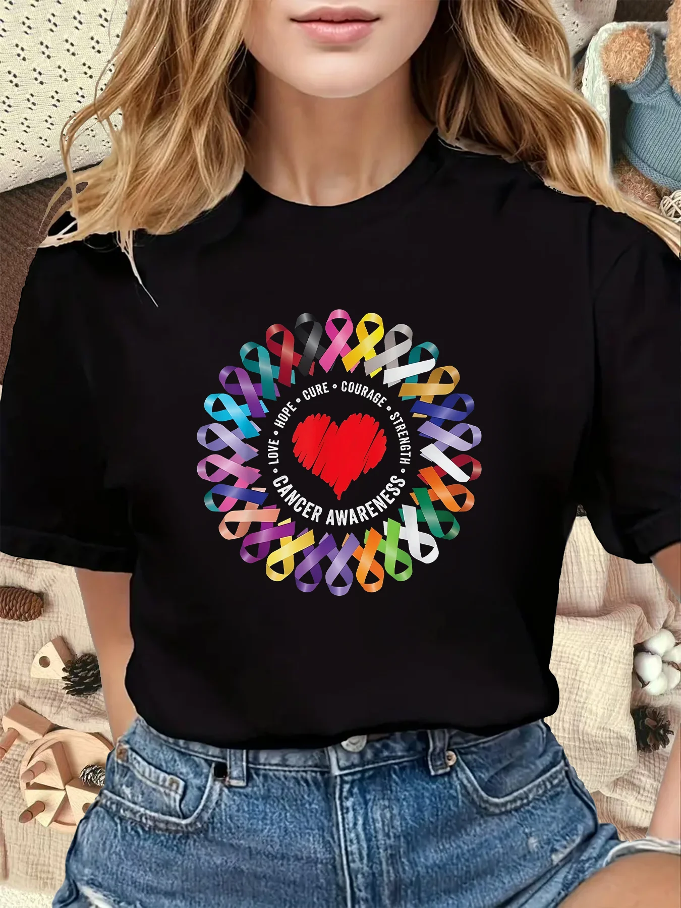 Cancer Prevention and Awareness Day Colorful Heart and Ribbon Design T-Shirt with Words of Love, Hope, Courage, and Strength, Suitable for Charity Events and Support Activities. Round Neck, Short Sleeves, Lightweight Fabric, Suitable for All Seasons