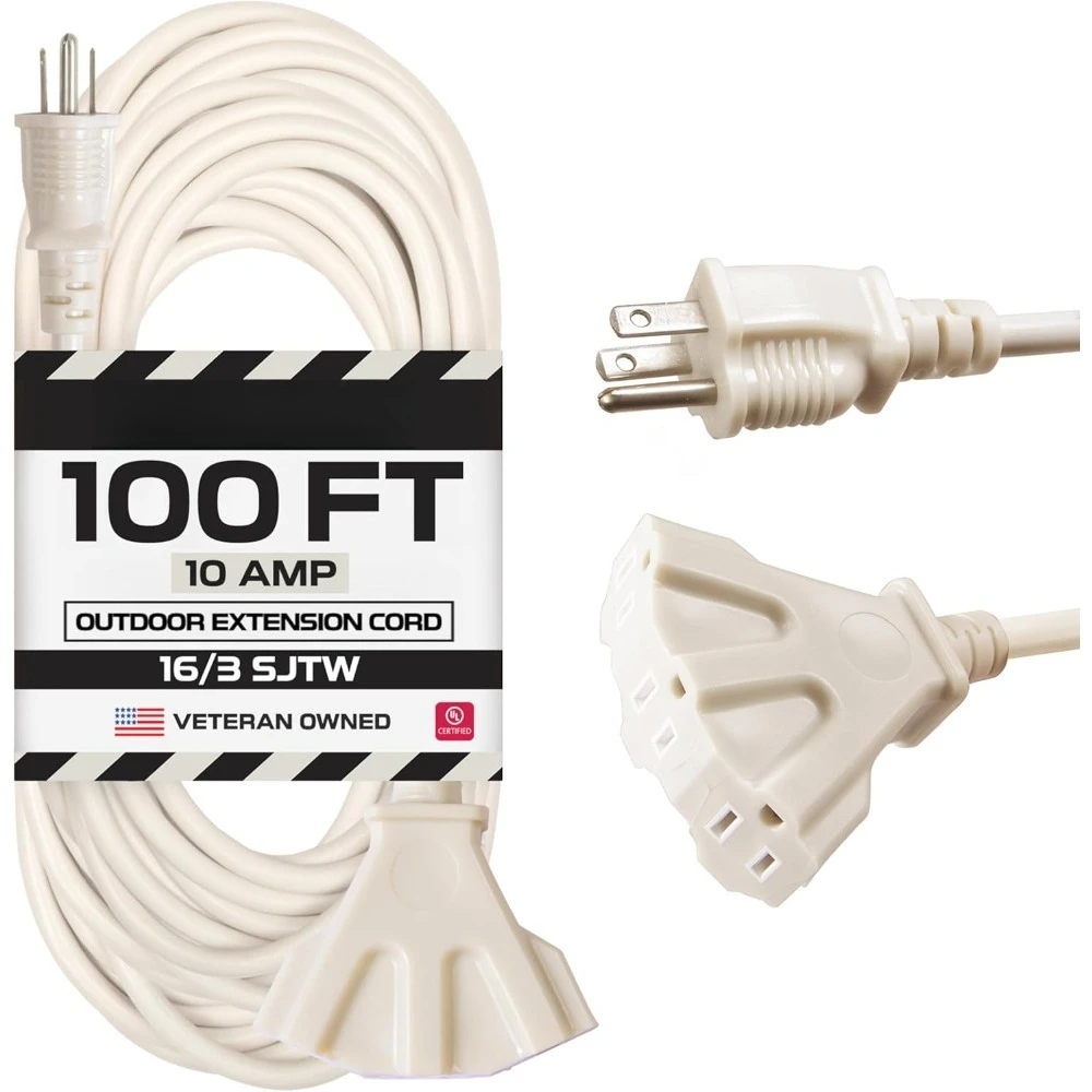

Weatherproof 100 Ft Outdoor Extension Cord with 3 Outlets 16 3 SJTW Heavy Duty Beige 10 Amp Power Cable