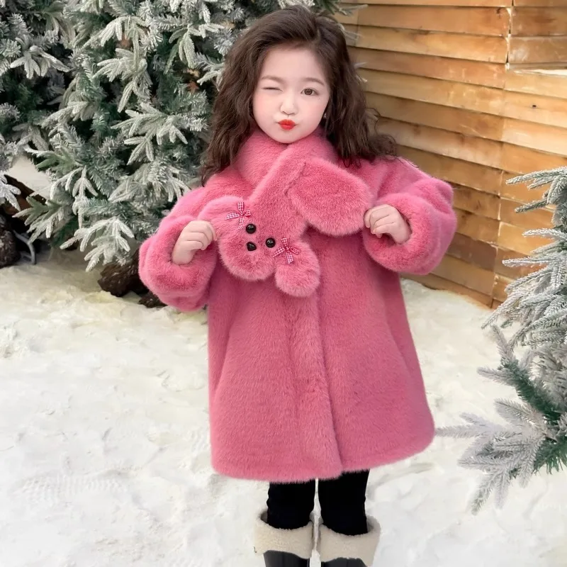 Children Clothing Faux Fur Coats Solid Long Jacket Scarf Collar Long Sleeve Covered Button Thick Loose Casual 2025 Autumn Winter