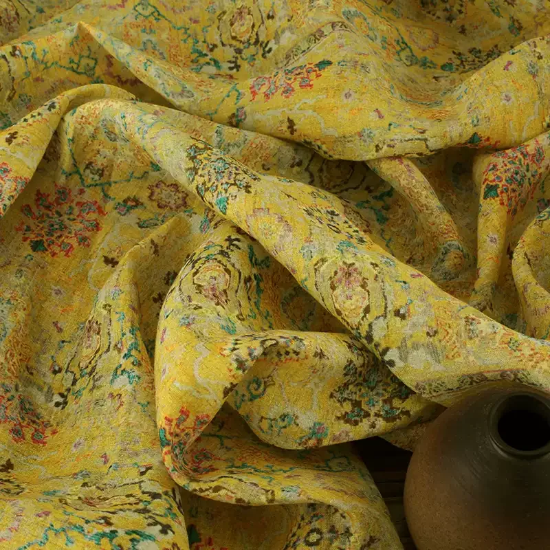 

100% ramie grass green refreshing printed fabric, used for making high-end clothing and DIY sewing fabrics