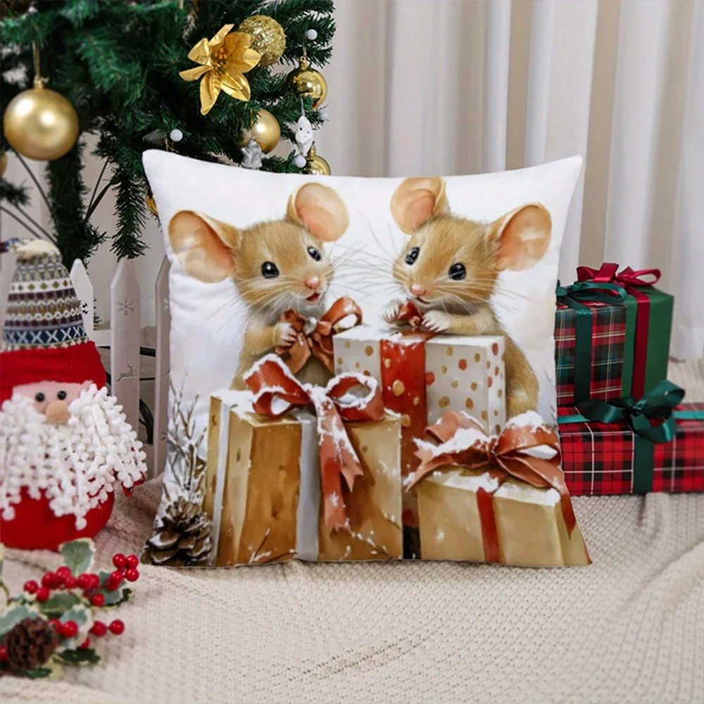 Christmas Mouse Double Sided Pillowcase Cushion Cover Holiday Sofa Bedroom Living Room Decor No Insert