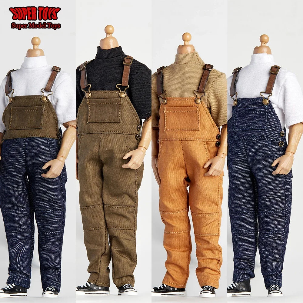 

4 Color 1/12 Male Solider Loose Short Sleeves Turtleneck T-Shirt Jeans Bib Pants Suspenders Cargo Overalls For 6'' Action Figure