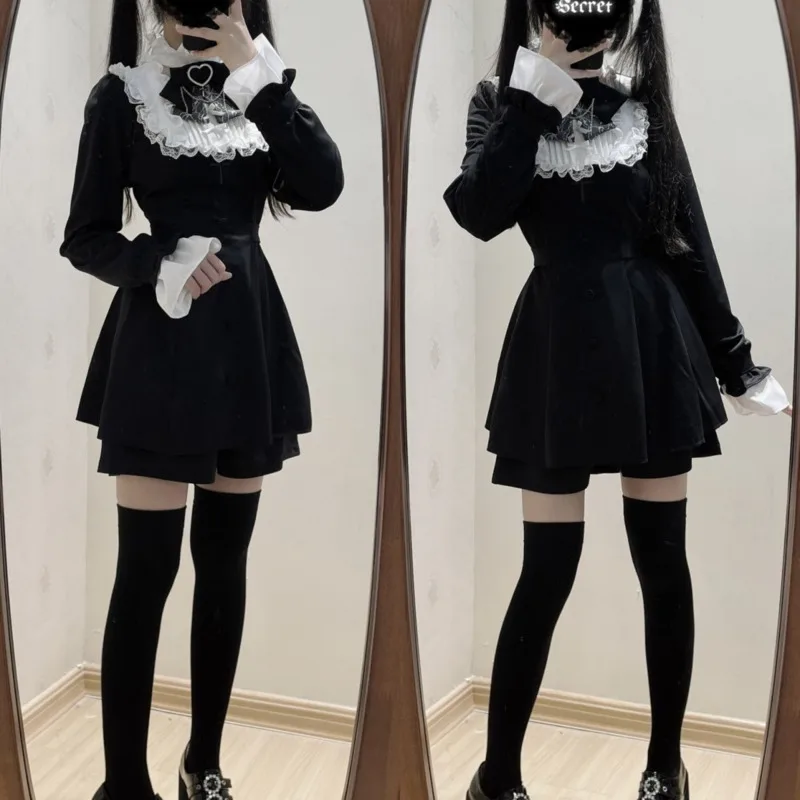 

Bow Love Dresses Y2K JK Lolita Mine Embroidery Lace Long Sleeve Lotus Leaf Edge Hollowed Out Waist Splicing Lace Dresses New