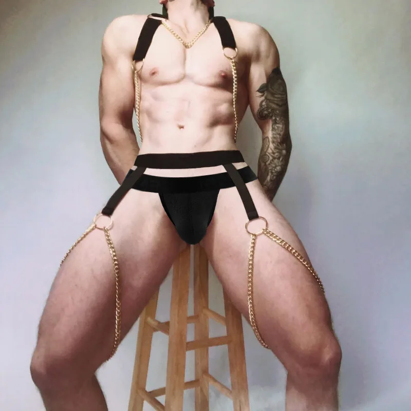 

Gay Exotic Sets Sexy Chain Chest Harness Wetlook Open Butt Thong G-string String Homme Garter Gothic Men Punk Wetlook Costumes