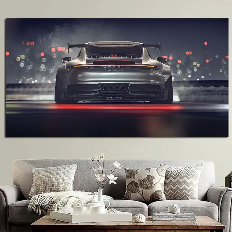 Arte de pared moderno Supercar negro 911 GT vista trasera, póster impreso en lienzo HD, hogar, sala de estar, pasillo, pintura decorativa
