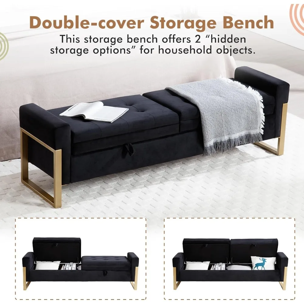 مقعد عثماني لتخزين غرفة النوم بحجم كينج مع تنجيد مخملي وأرجل ذهبية، نهاية مزدوجة من حل تخزين السرير #5