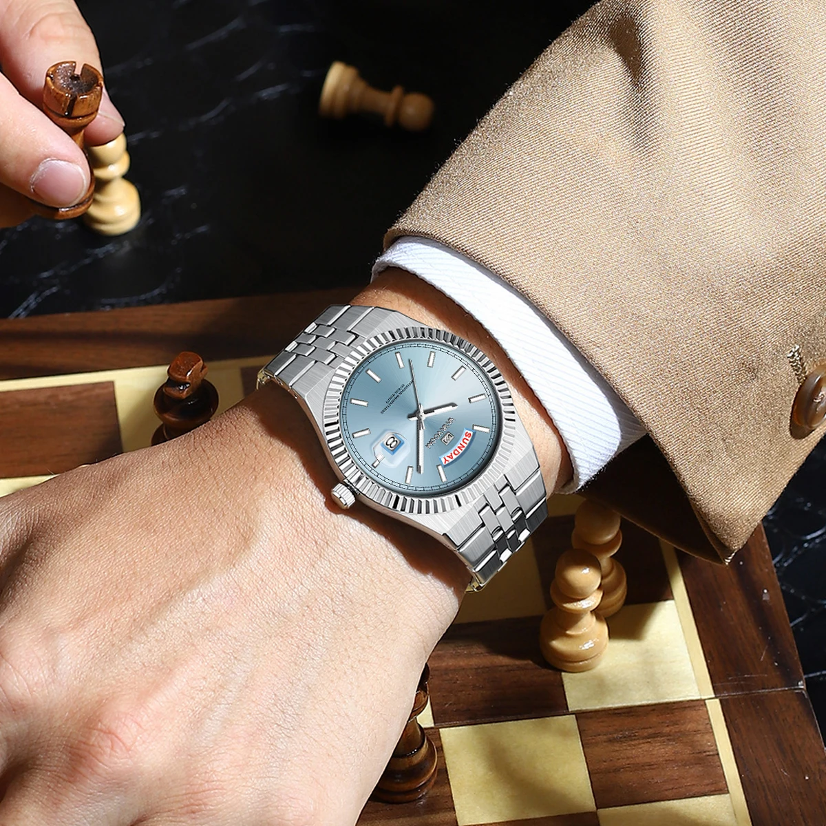 ساعة رجالية من الفولاذ المقاوم للصدأ باللون الأسود ساعة إبداعية للأعمال بتقويم حركة كوارتز 3Bar مقاومة للماء للأسبوع ساعات رجالية للزوجين #6