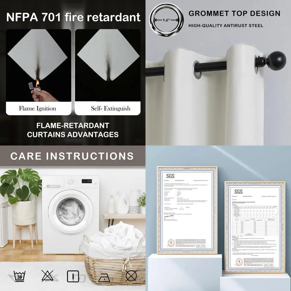 

Огнезащитные безфтовые стандартные шторы NFPA701, 84 дюйма, 2 панели, 100% затемняющие шторы для спальни, гостиной, затемнения