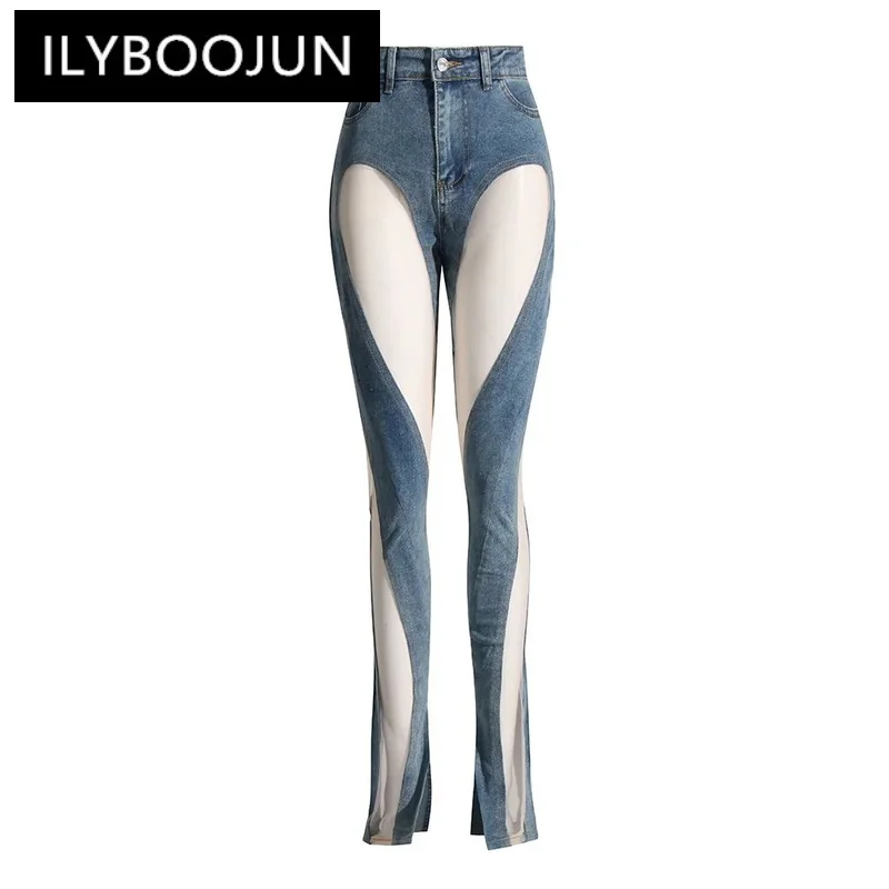 

ILYBOOJUN Patchwork Sheer Mesh Sexy Denim Pants For Women High Waist Spliced Pockets Slimming Jeans Female Fashion Style New