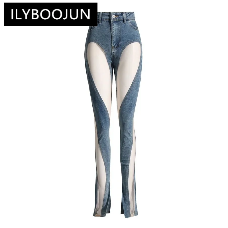 Ilyboojun-女性のための純粋なメッシュデニムパンツ,ハイウエスト,スリットポケット,痩身ジーンズ,セクシーなパッチワーク,新しいコレクション