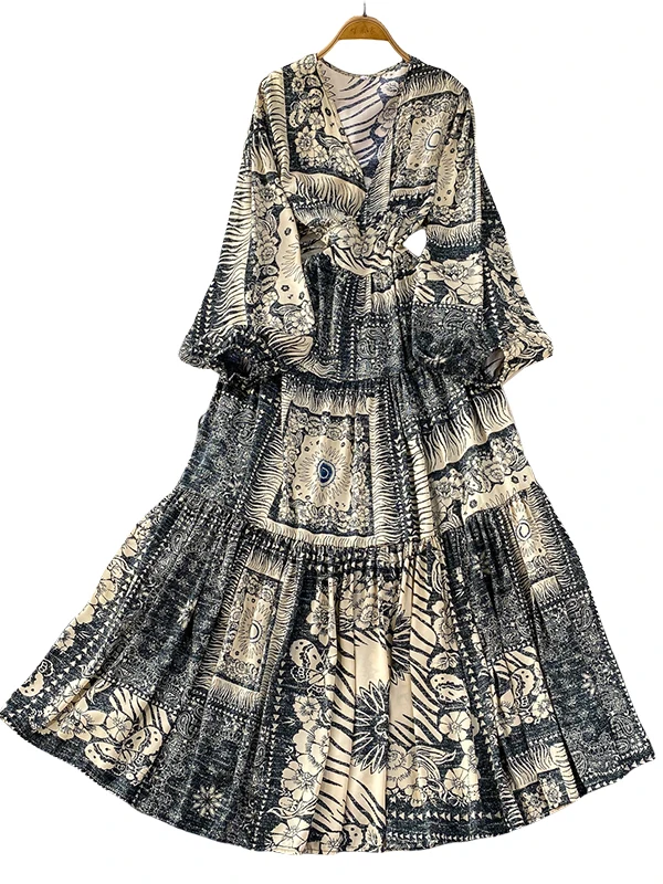 Ele Lange Dr vrouwen Sexy V-Ne Print Hoge Taille Verzameld Afslanken Rok Koreaanse Sle Pendelen Zomer Anti-bal