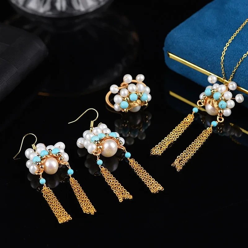 Chinoiserie Style Beijing Opera Facial Makeup with Freshwater Pearls Copper Metal Tassel Jewelry Set DIY Earring Necklace