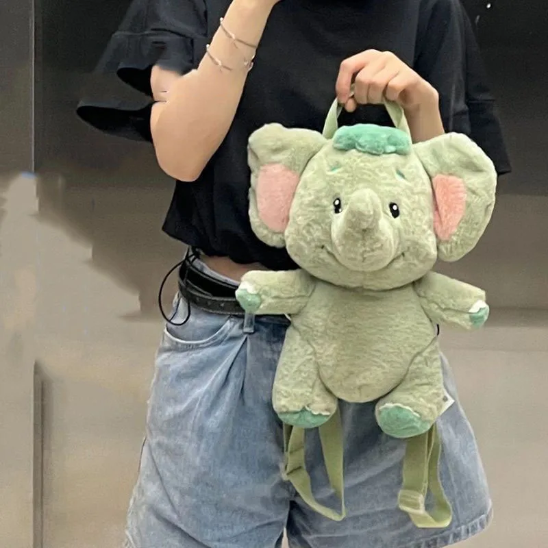 Cute Green Elephant Plush Backpack Soft Fluffy Animal Shaped Bag for Kids and Women Casual Daypack with Top Handle Creativity