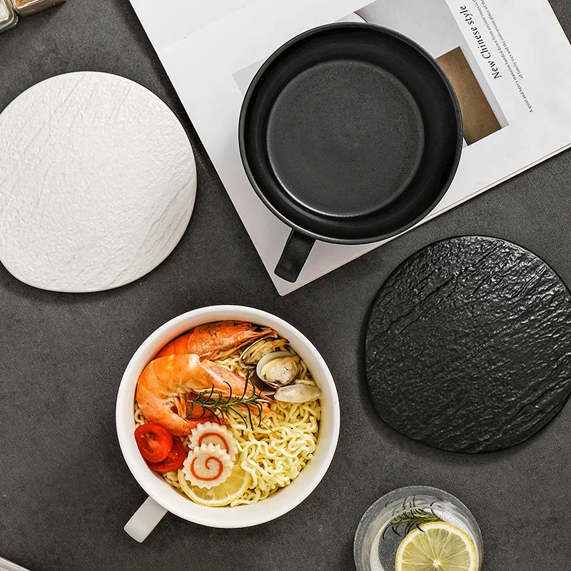

Ceramic Plain Color Noodle Bowl with Lid Handle Stone Glaze Undercoat Dorm Soup Bowl